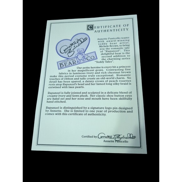Rapunzel Teddy Bear Annette Funicello Collectible 17" Original With  Certficate. - Picture 5 of 7
